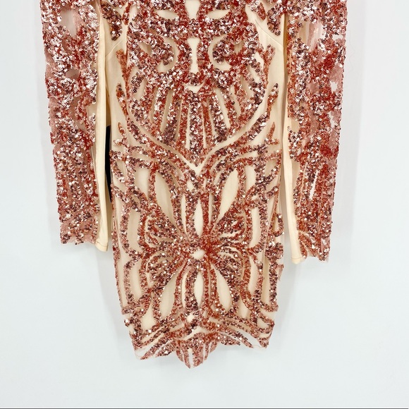 BEBE Sequin Scroll Mesh Rose Gold Bodycon Structured Dress Size M - Picture 7 of 16